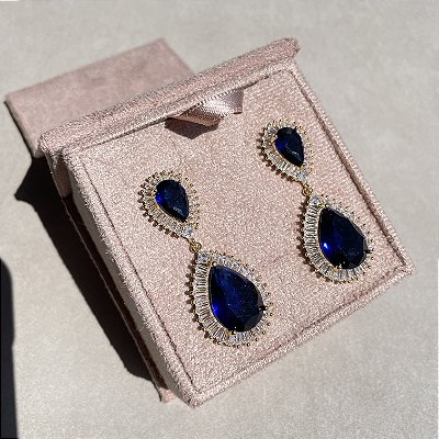 Brinco Gota Baguete Luxo Safira Azul Banhado a Ouro