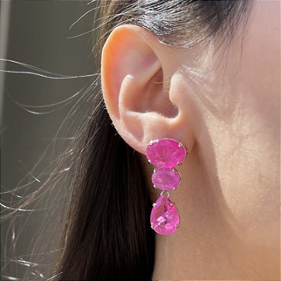 Brinco Geométrico Pink Fusion Banhado a Ródio Branco