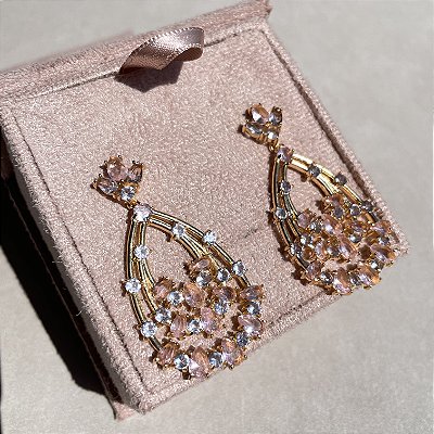 Brinco Gota Vazada Light Pink e Ametista Banhado a Ouro