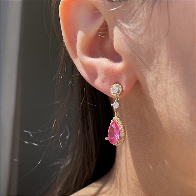 Brinco Gota Safira Rosa Banhado a Ouro