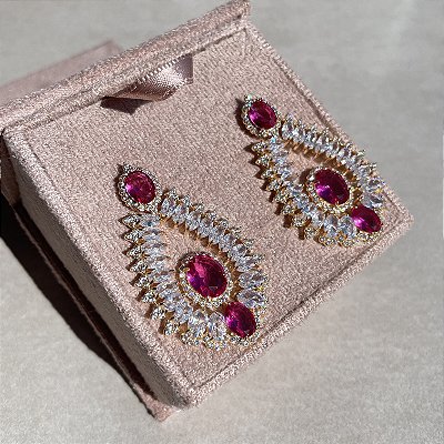 Brinco Cristal e Safira Rosa Banhado a Ouro
