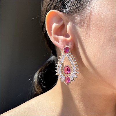 Brinco Cristal e Safira Rosa Banhado a Ouro