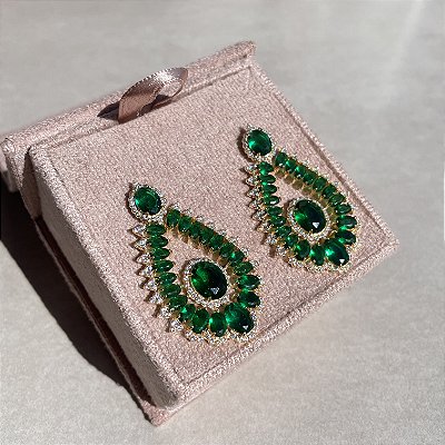 Brinco Cristal e Esmeralda Banhado a Ouro