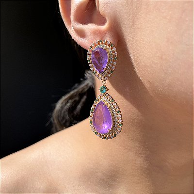 Brinco Luxo Turmalina e Ametista Fusion Banhado a Ouro