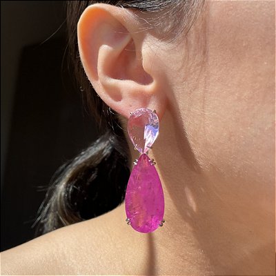 Brinco Gota Luxo Light Pink e Pink Fusion Banhado a Ródio Branco