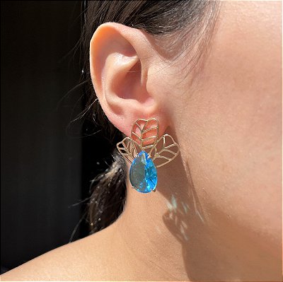 Brinco Folha Vazada Gota Azul Banhado a Ouro
