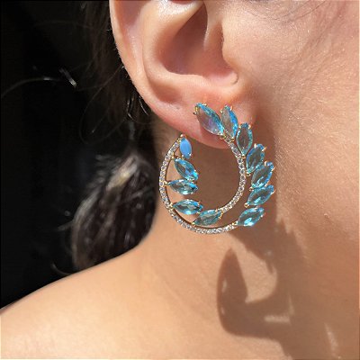 Brinco Argola Frontal Navetes Azul Banhado a Ouro