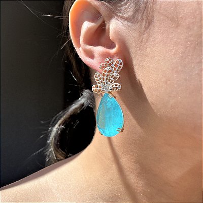 Brinco Luxo Folhagem Gota Azul Fusion Banhado a Ouro