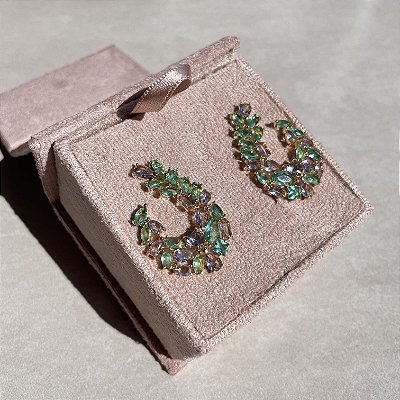 Brinco Argola Frontal Bicolor Ametista e Turmalina Banhado a Ouro