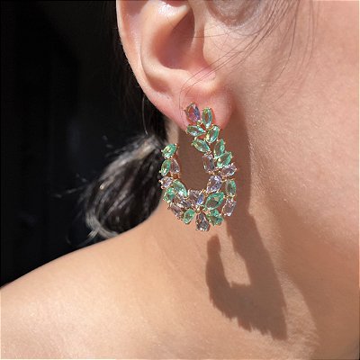 Brinco Argola Frontal Bicolor Ametista e Turmalina Banhado a Ouro