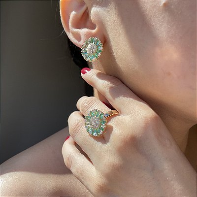 Conjunto Luxo Pizza Turmalina Banhado a Ouro - ARO 20