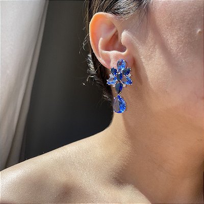 Brinco Bicolor Tanzanita e Safira Azul Banhado a Ródio Branco