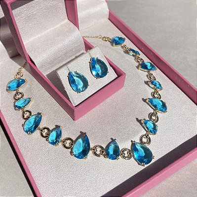 Conjunto Luxo Gota Azul Banhado a Ouro