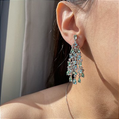 Conjunto Degradê Azul e Turmalina Verde Banhado a Ródio Branco