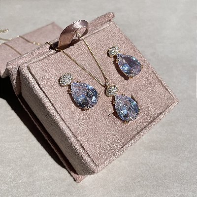 Conjunto Gota Cristal Banhado a Ouro