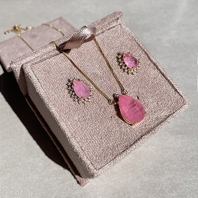 Conjunto Gota Princess Light Pink Fusion Banhado a Ouro