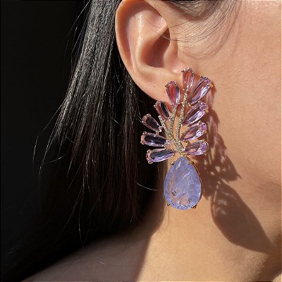 Brinco Folha Ametista Fusion Banhado a Ouro