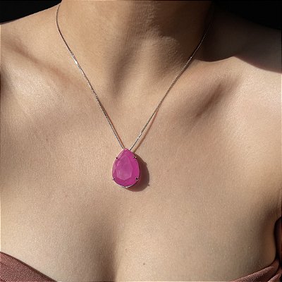 Colar Gota Pink Fusion Banhado a Ródio Branco