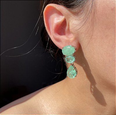 Brinco Geométrico Greenery Fusion Banhado a Ródio Branco