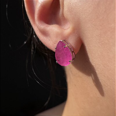 Brinco Gota Solitário Pink Fusion Banhado a Ródio Branco