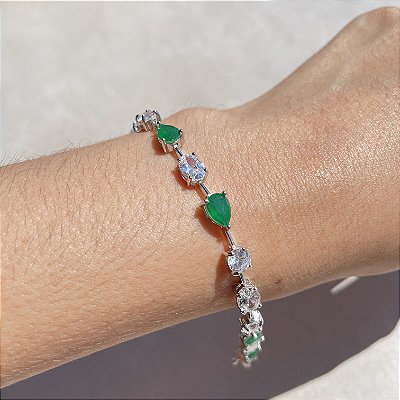 Pulseira Geométrica Esmeralda Fusion Banhado a Ródio Branco