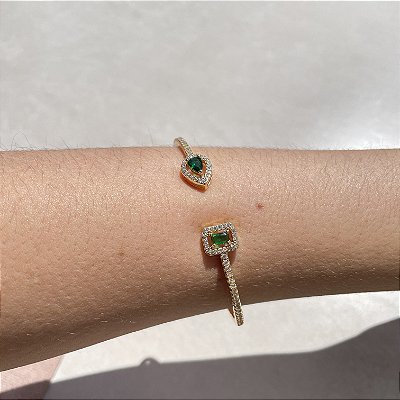 Bracelete Retângulo/Gota Esmeralda Banhado a Ouro - Regulável