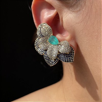 Brinco Ear Cuff Meia Flor Safira Azul e Turmalina Fusion Banhado a Ouro