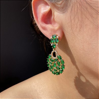 Brinco Luxo Pêndulo Esmeralda Banhado a Ouro