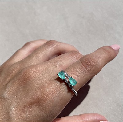 Anel Duas Gotas Turmalina Fusion Banhado a Ródio Branco - Aro 16/17