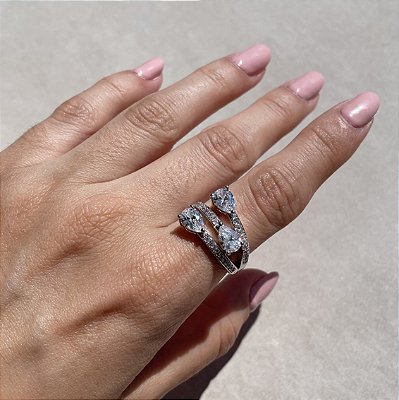 Anel Três Gotas Cristal Banhado a Ródio Branco - Aro 16/17