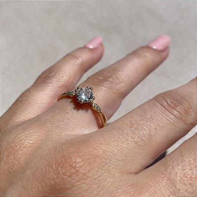 Anel Solitario 7mm Banhado a Ouro - Aro 18