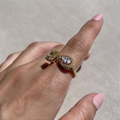 Anel Geométrico Cristal Banhado a Ouro - Aro Regulável