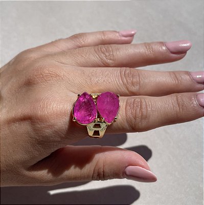 Anel Duas Gotas Pink Fusion Banhado a Ouro