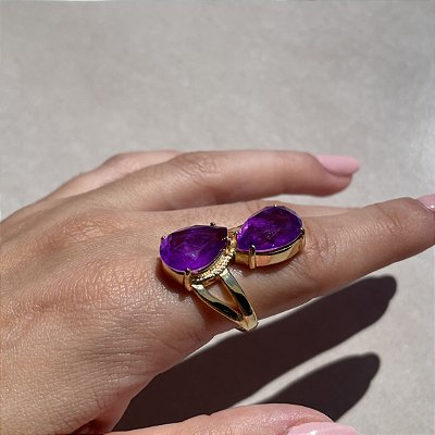 Anel Assimétrico Duas Gotas Ultraviolet Banhado a Ouro