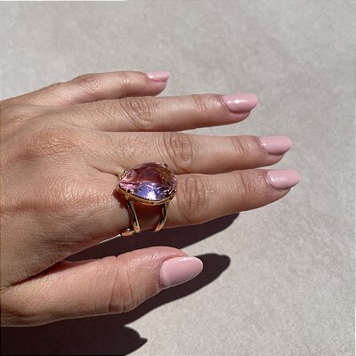 Anel Gota Rosa Claro Banhado a Ouro - Aro Regulável