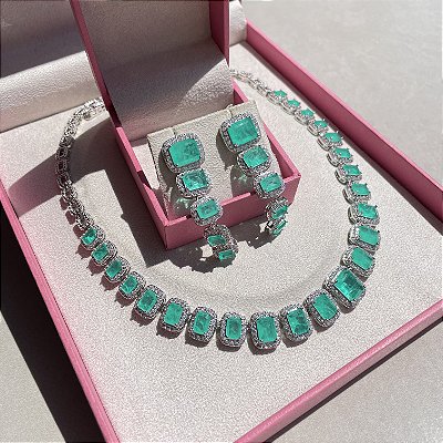 Conjunto Luxo Retangular Turmalina Fusion Banhado a Ródio Branco