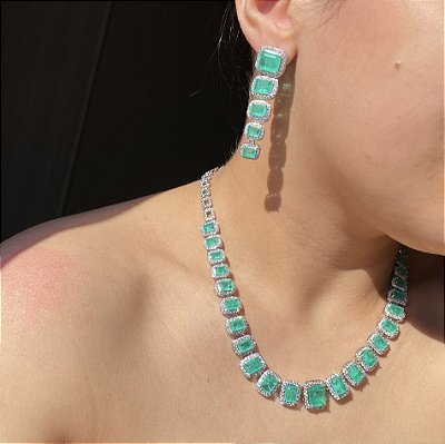Conjunto Luxo Retangular Turmalina Fusion Banhado a Ródio Branco