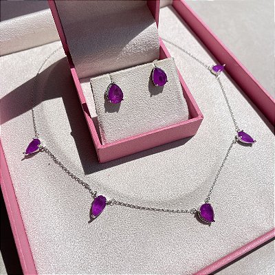 Conjunto Gotas Fúcsia Fusion Banhado a Ródio Branco