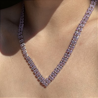 Colar Riviera Dupla Navetes Light Pink Banhado a Ródio Branco