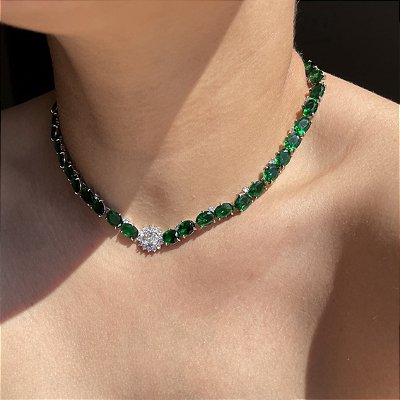 Colar Riviera Maleável Oval Cristal e Esmeralda Banhado a Ródio Branco