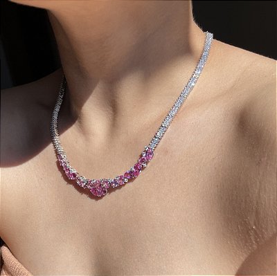 Colar Riviera Luxo Safira Rosa Trama Rígida Banhado a Ródio Branco