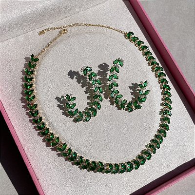 Conjunto Luxo Foliage Esmeralda Banhado a Ouro