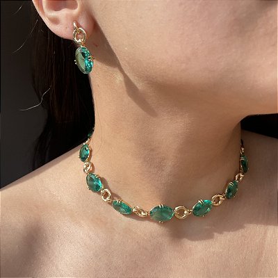 Conjunto Brinco + Colar + Pulseira Oval Turmalina Banhado a Ouro
