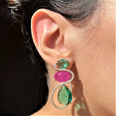 Brinco Gota Trançado Bicolor Turmalina e Pink Fusion Banhado a Ouro