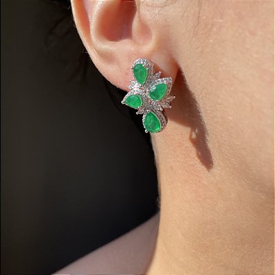 Brinco Gotas Esmeralda Fusion Banhado a Ródio Branco