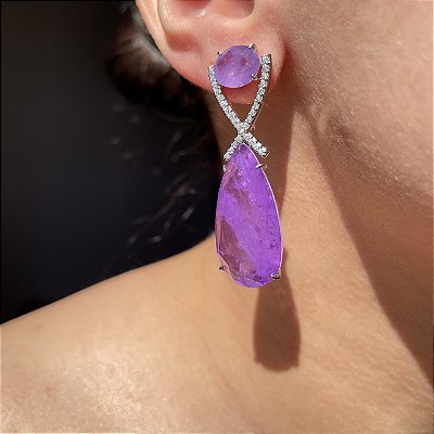 Brinco Luxo "X" Ultraviolet Candy Fusion Ródio Branco