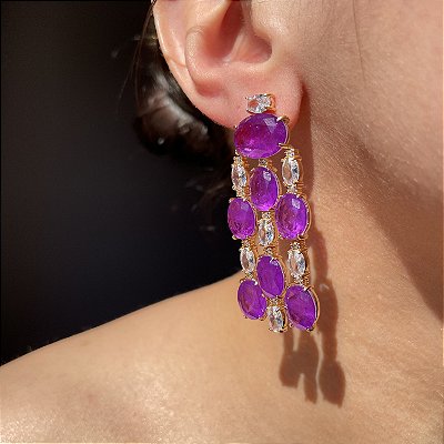 Brinco Luxo Cascata Ultraviolet Banhado a Ouro