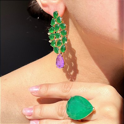Conjunto Luxo Bicolor Esmeralda e Ultraviolet Fusion Banhado a Ouro