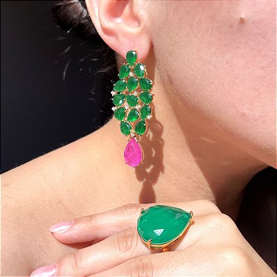 Conjunto Luxo Bicolor Esmeralda e Pink Fusion Banhado a Ouro