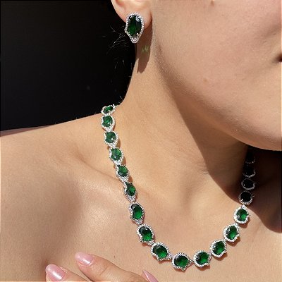 Conjunto Organic Luxo Esmeralda Banhado a Ródio Branco